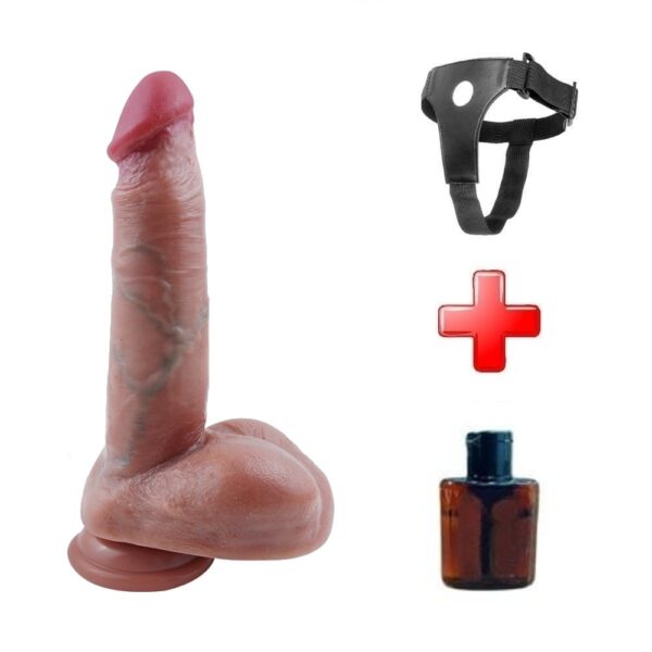 21 Cm Çift Katmanlı Ultra Gerçekçi Melez Belden Bağlamalı Vantuzlu Dildo Penis