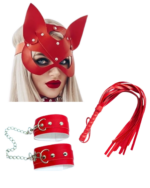 Fantezi Deri Çekici Kırmızı Kedi Maske Kelepçe Kırbaç Seti Üçlü Set