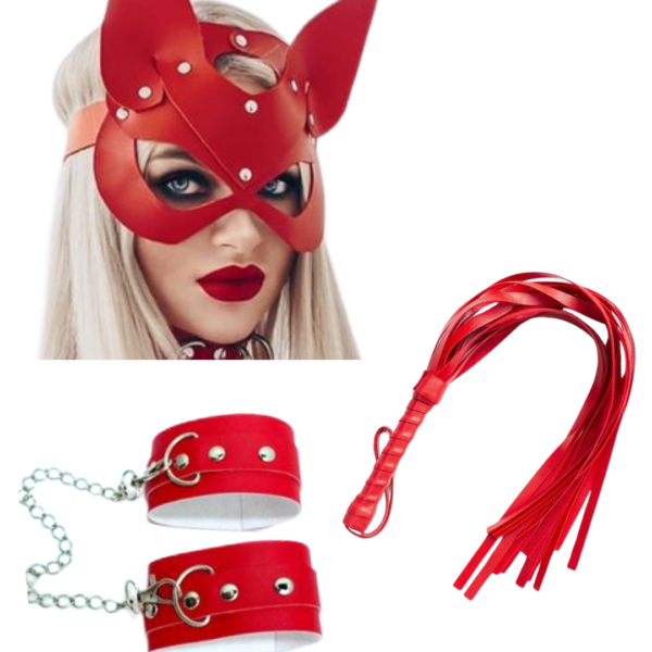 Fantezi Deri Çekici Kırmızı Kedi Maske Kelepçe Kırbaç Seti Üçlü Set