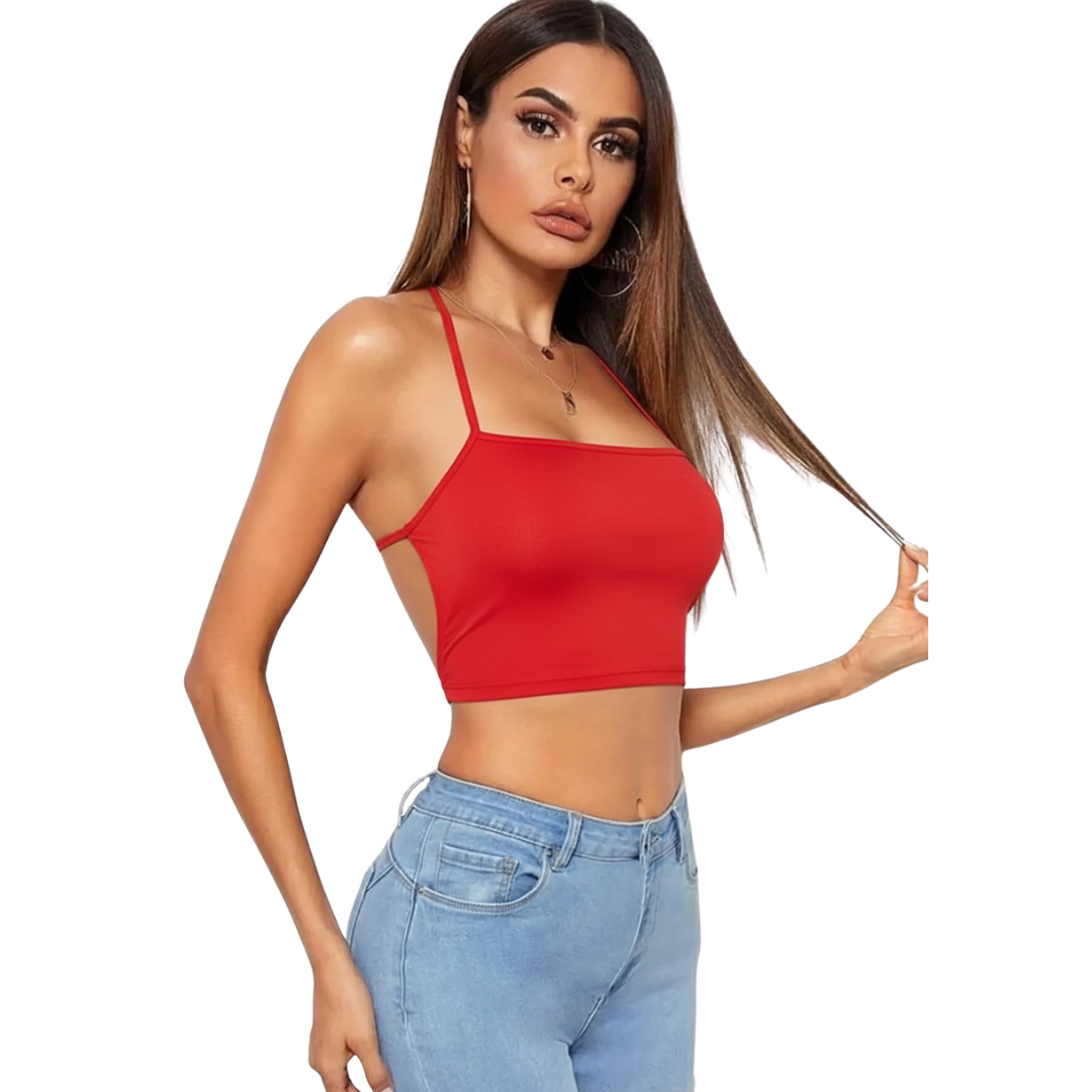 Kadın Sırtı Açık Kırmızı Belden Bağlamalı Crop Büstiyer Kadın Sırtı Açık Kırmızı Belden Bağlamalı Crop Büstiyer
