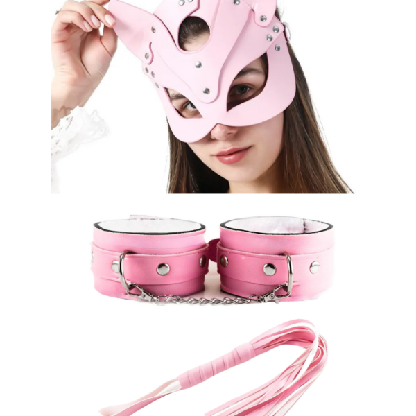 Fantezi Deri Çekici Pembe Kedi Maske Kelepçe Kırbaç Seti Üçlü Set