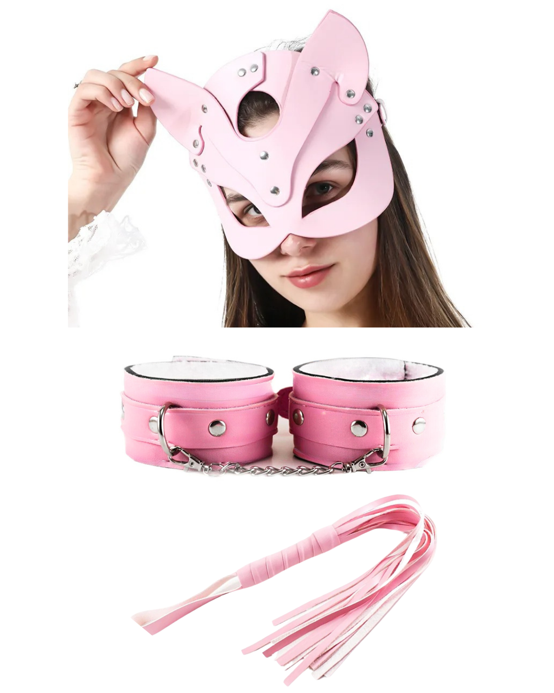 Fantezi Deri Çekici Pembe Kedi Maske Kelepçe Kırbaç Seti Üçlü Set Fantezi Deri Çekici Pembe Kedi Maske Kelepçe Kırbaç Seti Üçlü Set