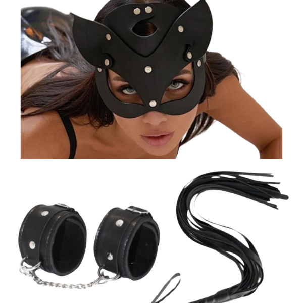 Fantezi Deri Çekici Siyah Kedi Maske Kelepçe Kırbaç Seti Üçlü Set