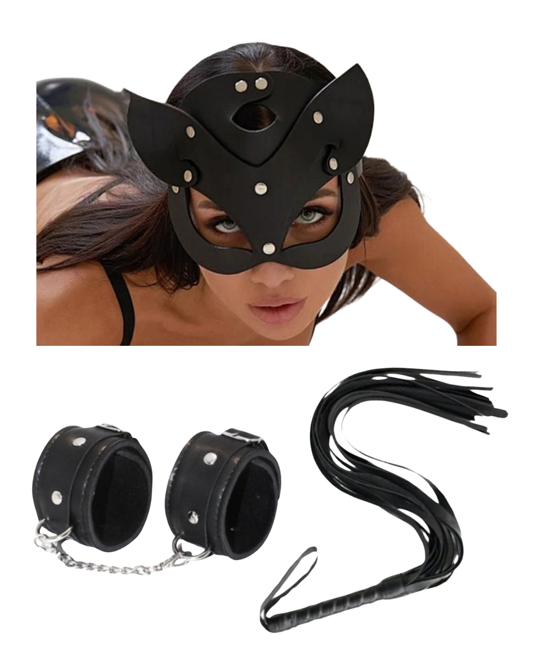 Fantezi Deri Çekici Siyah Kedi Maske Kelepçe Kırbaç Seti Üçlü Set Fantezi Deri Çekici Siyah Kedi Maske Kelepçe Kırbaç Seti Üçlü Set