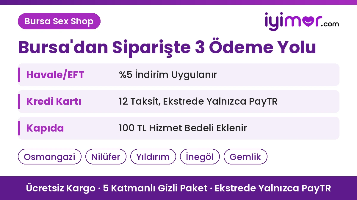 Sex Shop Ödeme: Bursa Sex Shop, Havale/EFT'de %5 İndirim, Kredi Kartında 12 Taksit, Kapıda Ödemede 100 TL Hizmet Bedeli