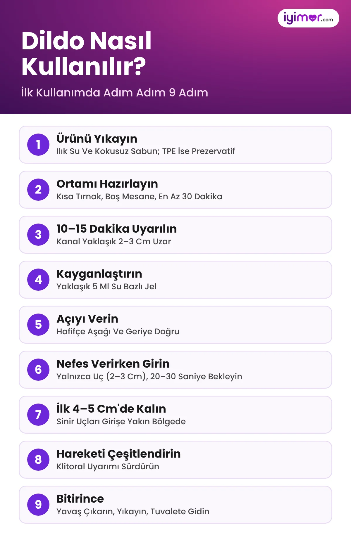 Dildo Nasıl Kullanılır: Yıkama, 10–15 Dakika Uyarılma, 5 Ml Su Bazlı Kayganlaştırıcı, Nefes Verirken 2–3 Cm Giriş