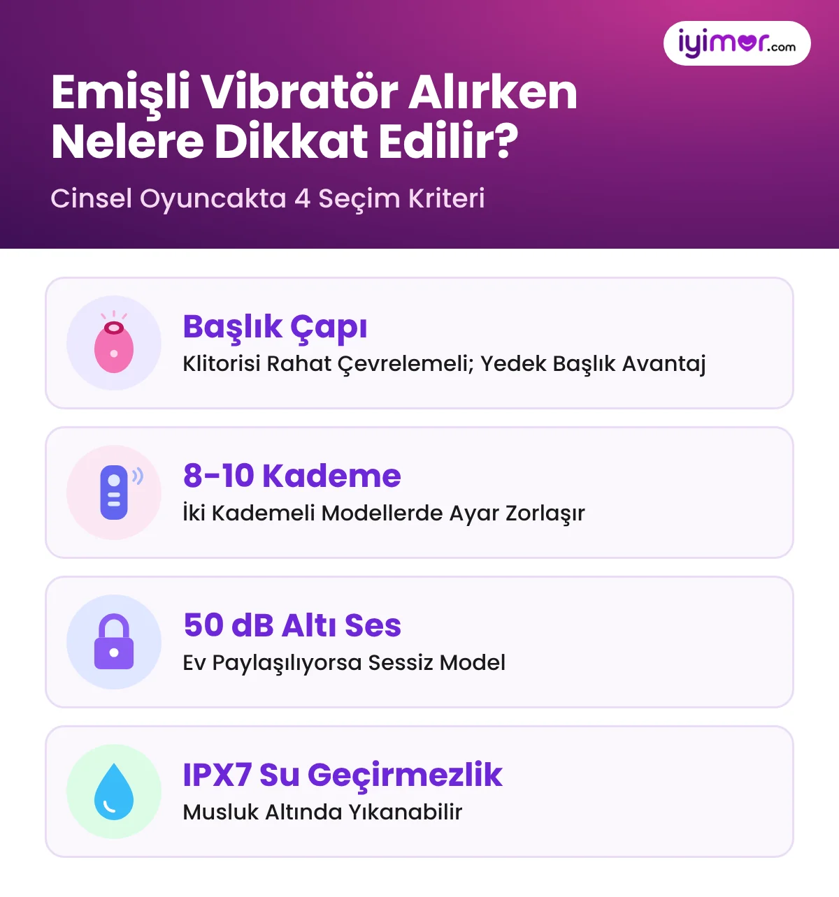 Emişli Vibratör Alırken Nelere Dikkat Edilir: Başlık Çapı, 8-10 Kademe, 50 dB Altı Ses Ve IPX7 Su Geçirmezlik