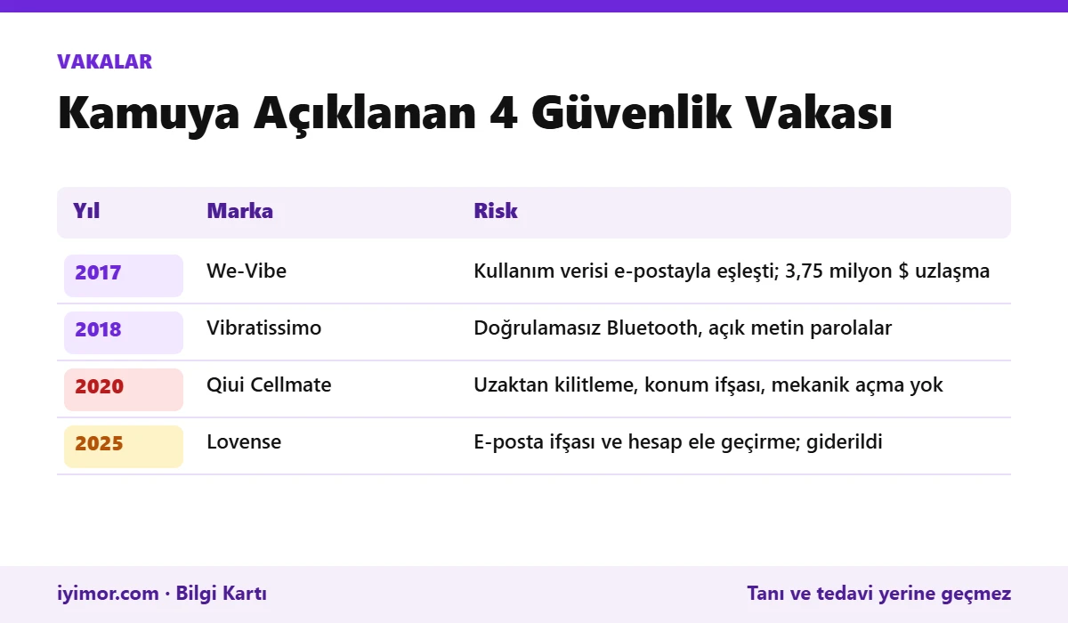 We-Vibe 2017, Vibratissimo 2018, Qiui Cellmate 2020 Ve Lovense 2025 Akıllı Oyuncak Güvenlik Vakaları Zaman Çizelgesi