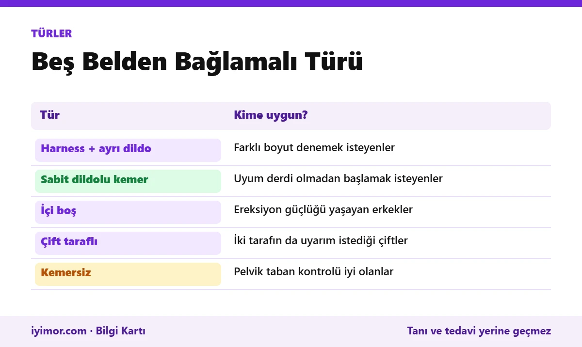 Harness Ve Ayrı Dildo, Sabit Kemer, İçi Boş, Çift Taraflı Ve Kemersiz Belden Bağlamalı Türlerinin Karşılaştırma Tablosu