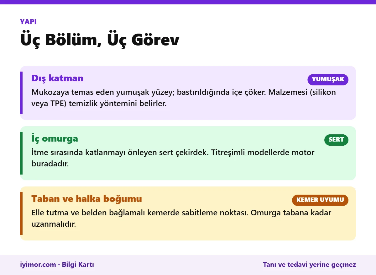 Çift Katmanlı Vibratörde Yumuşak Dış Katman, Sert İç Omurga Ve Taban Bölümlerinin Görevlerini Gösteren Kart