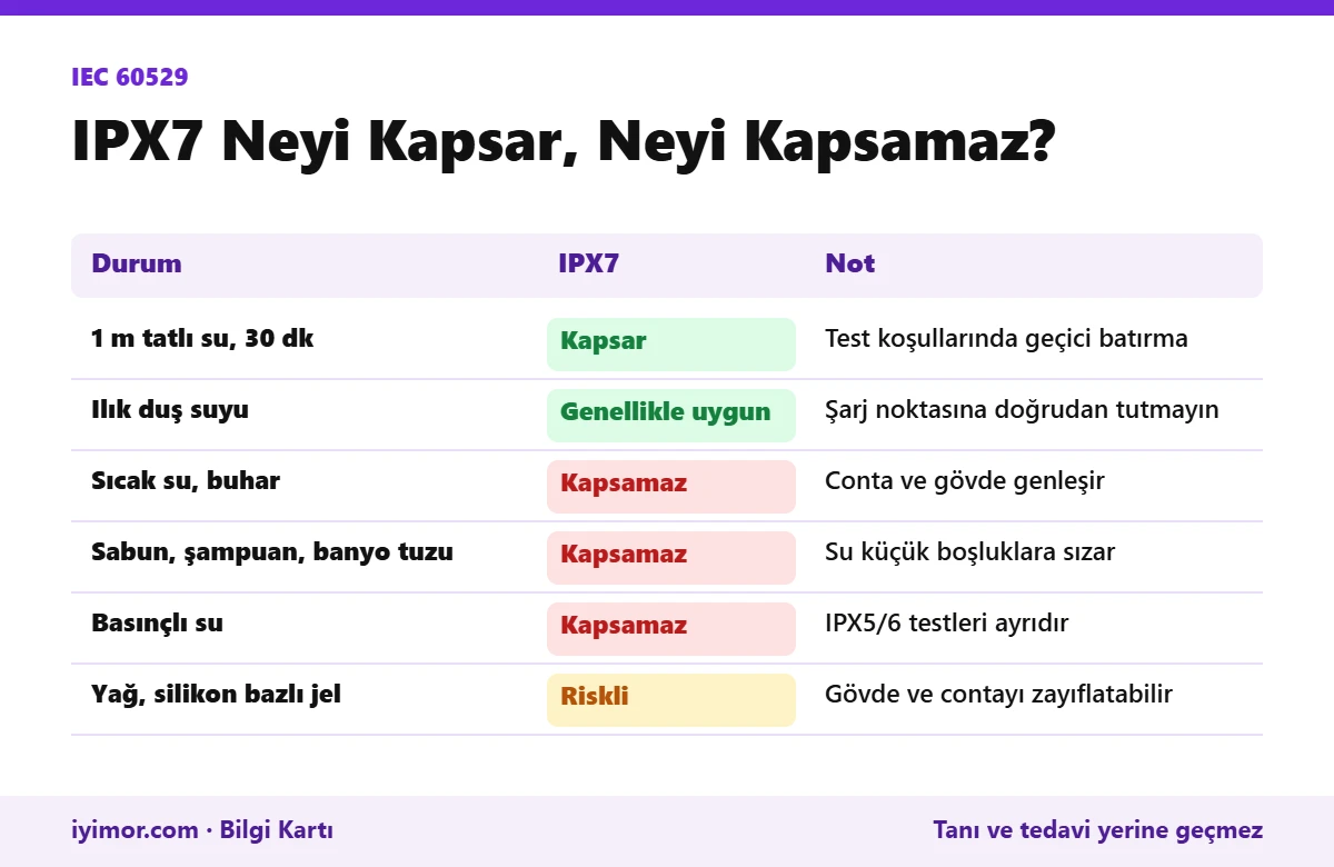 IPX7 Sınıfının Kapsadığı 1 Metre 30 Dakika Tatlı Su Testi İle Kapsamadığı Sıcak Su, Buhar, Sabun Ve Basınçlı Su Durumlarını Gösteren Tablo