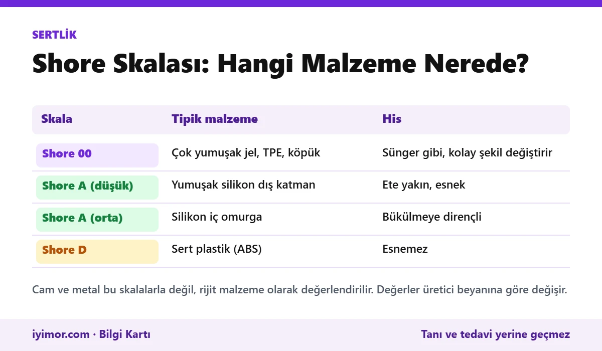 Shore 00, Shore A Ve Shore D Sertlik Skalalarında Jel, Silikon Ve Sert Plastik Örneklerini Gösteren Tablo