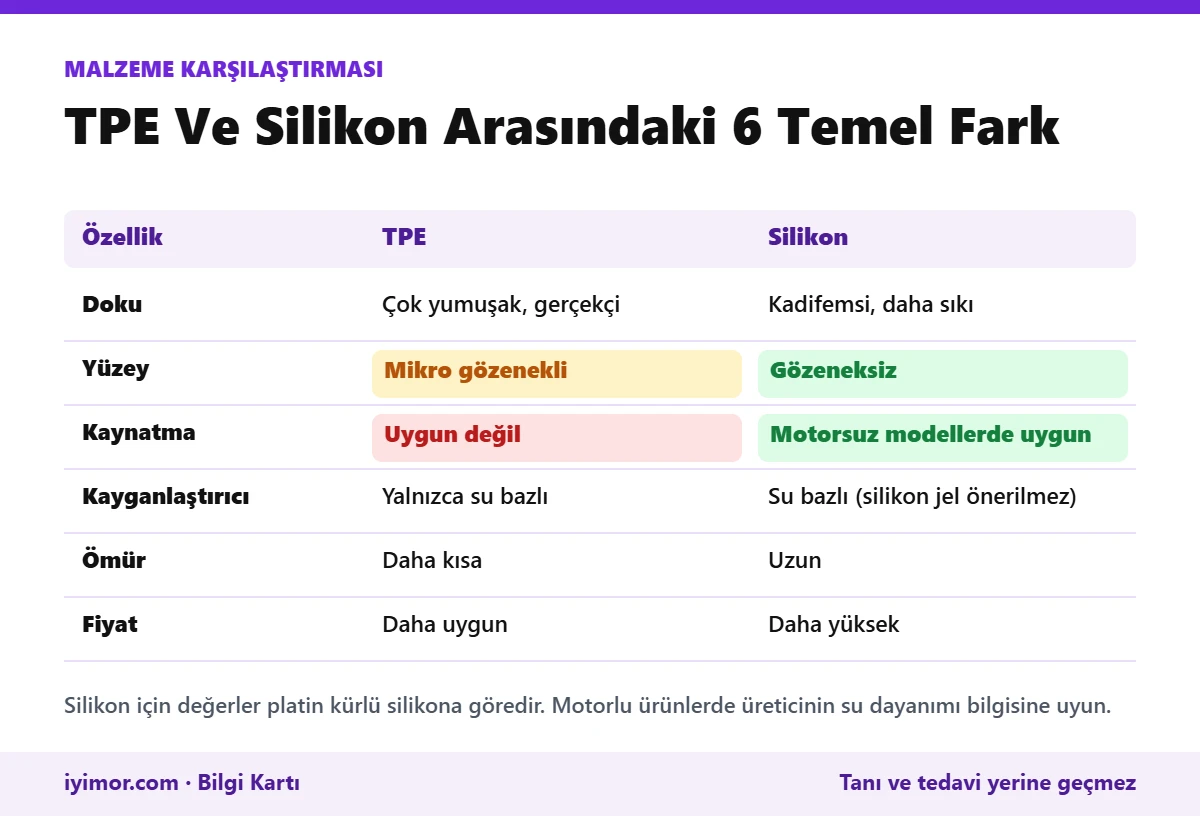 TPE Ve Silikon Farkı: Doku, Yüzey, Kaynatma, Kayganlaştırıcı Ve Ömür Karşılaştırma Tablosu