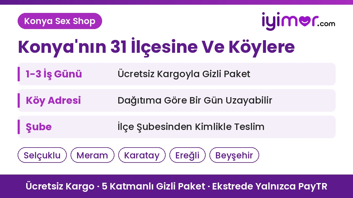 Sex Shop Teslimat: Konya Sex Shop, Konya'nın 31 İlçesine Ve Köy Adreslerine Gizli Paket, İlçe Şubesinden Kimlikle Teslim