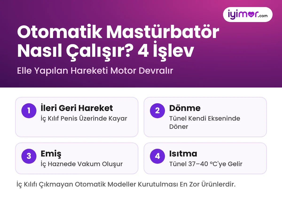 Otomatik Mastürbatör Nasıl Çalışır: İleri Geri Hareket, Dönme, Emiş Ve 37–40 Derece Isıtma