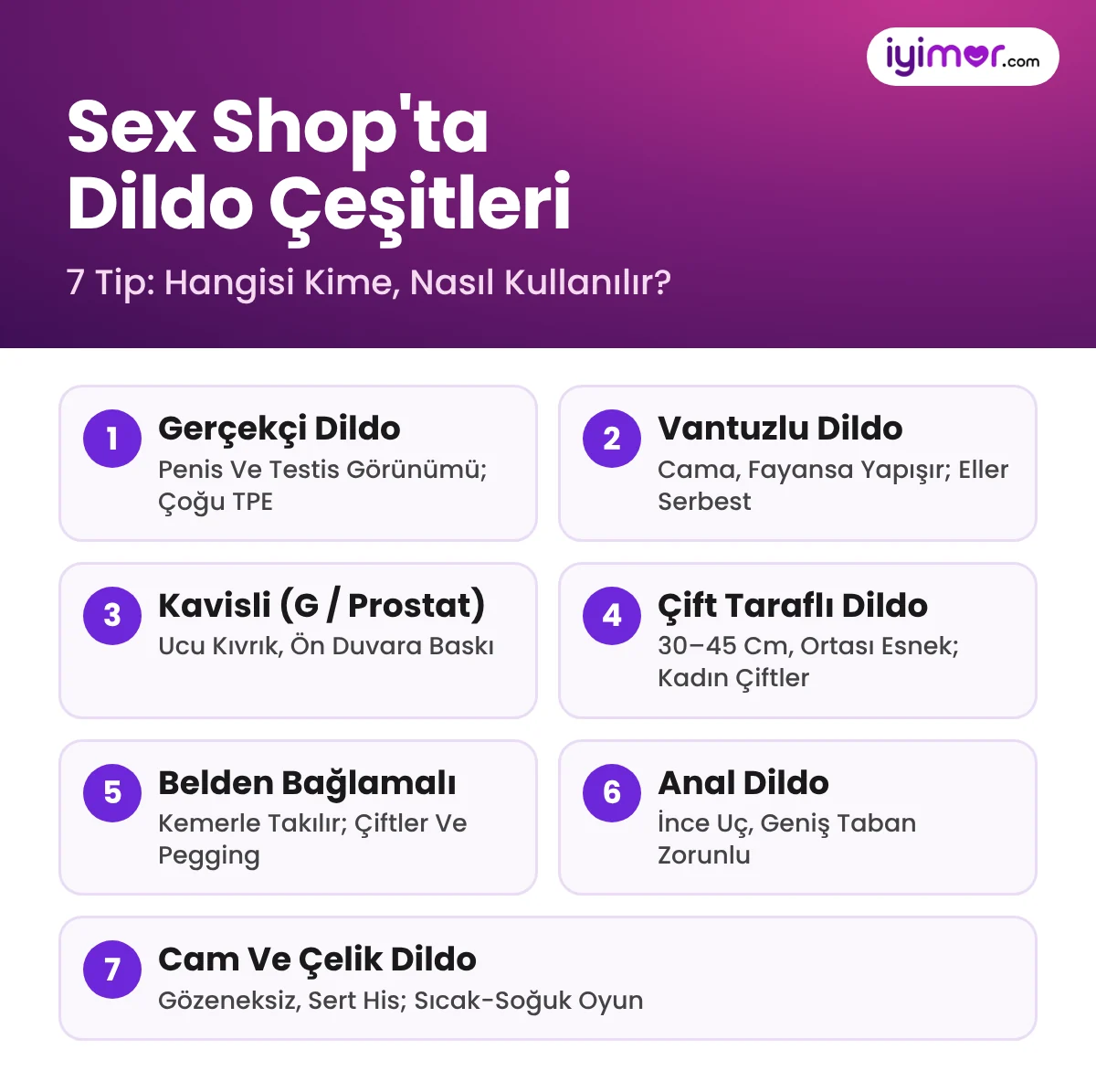 Dildo Çeşitleri: Gerçekçi, Vantuzlu, Kavisli G Noktası, Çift Taraflı, Belden Bağlamalı, Anal Ve Cam-Çelik Dildo