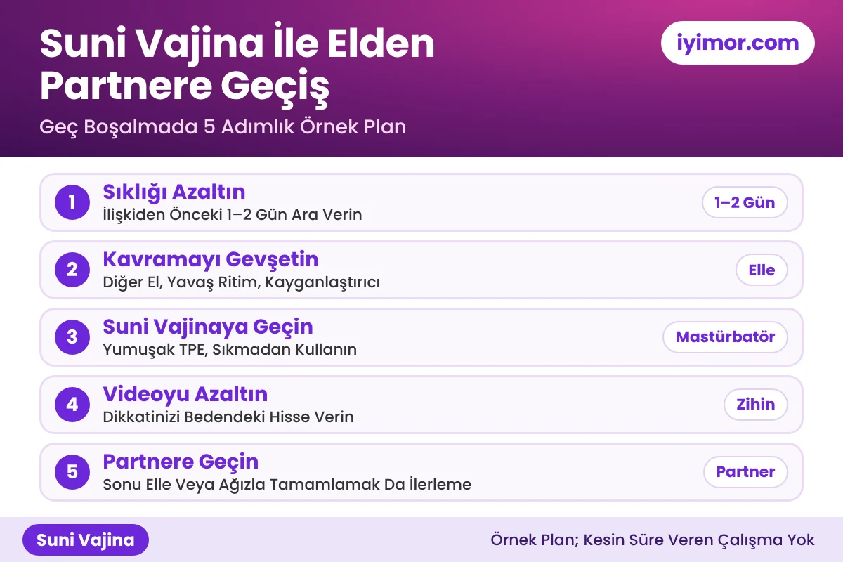 Suni Vajina İle Elden Partnere Geçiş: Geç Boşalmada 5 Adım Suni Vajina İle Geç Boşalma Alıştırması: Sıklığı Azaltma, Kavramayı Gevşetme, Yumuşak Mastürbatör, Partnere Geçiş