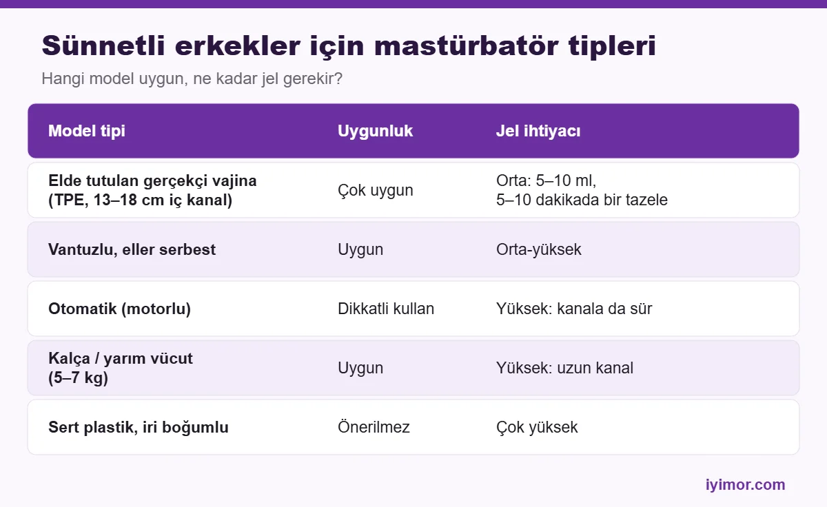 Cinsel Oyuncak tablosu: sünnetli erkekler için mastürbatör tipleri, uygunluk ve jel ihtiyacı