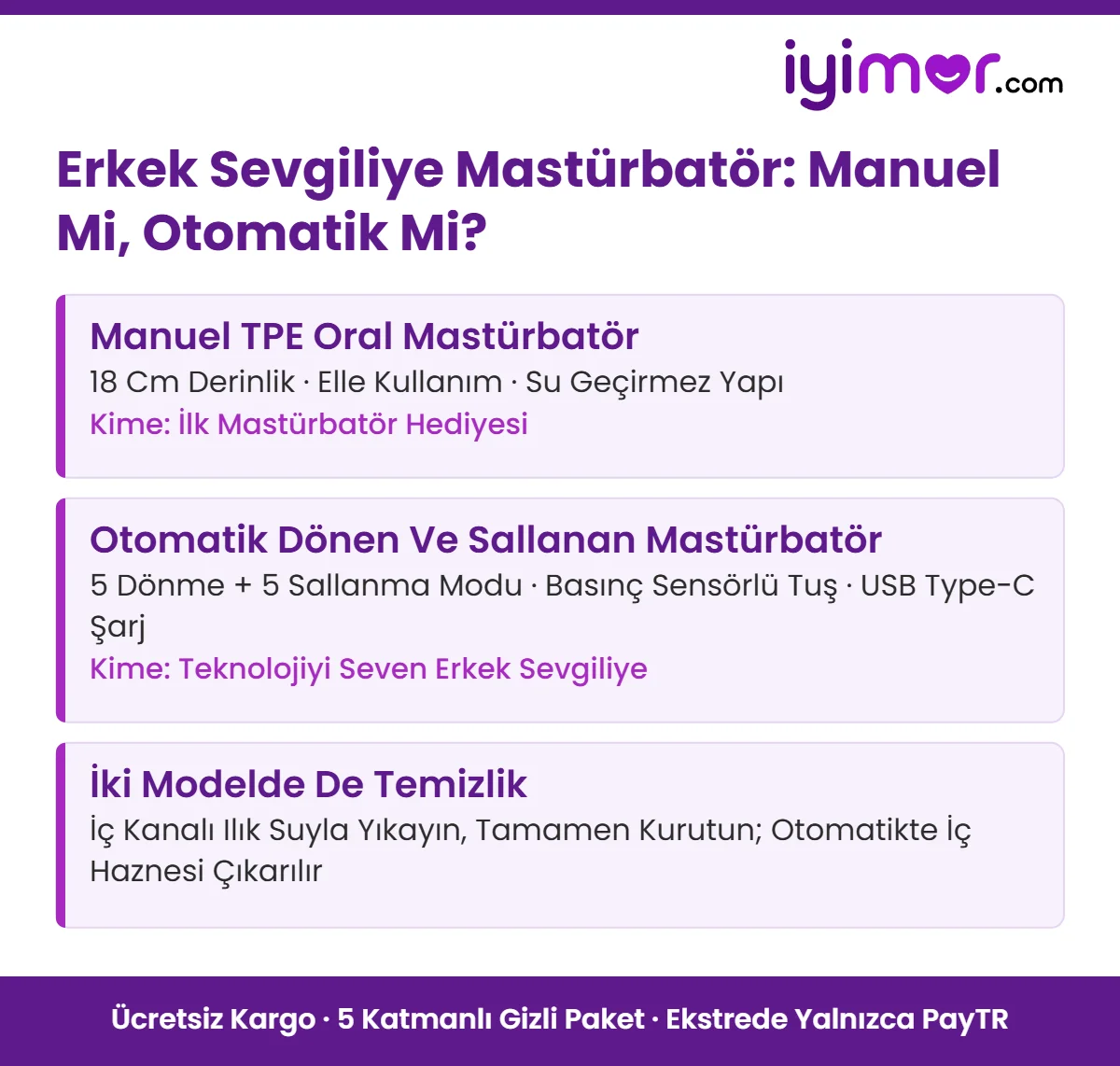 Erkek Sevgiliye Mastürbatör Hediyesi: Manuel Mi, Otomatik Mi? – Yetişkin Ürünler Seçim Kartı Yetişkin ürünler hediye: erkek sevgiliye manuel TPE mastürbatör ile USB şarjlı otomatik mastürbatörün derinlik, mod ve temizlik karşılaştırması